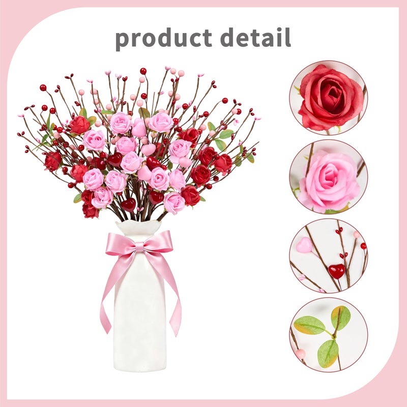 MAINGKAUNG Valentines Day Decorations 12 Pack Valentines Day Artificial Flowers 17 Inch Valentine's Picks with Red Roses Flower Pink Love Heart Berries for Valentine Wedding Anniversary Party Decor - Image 4