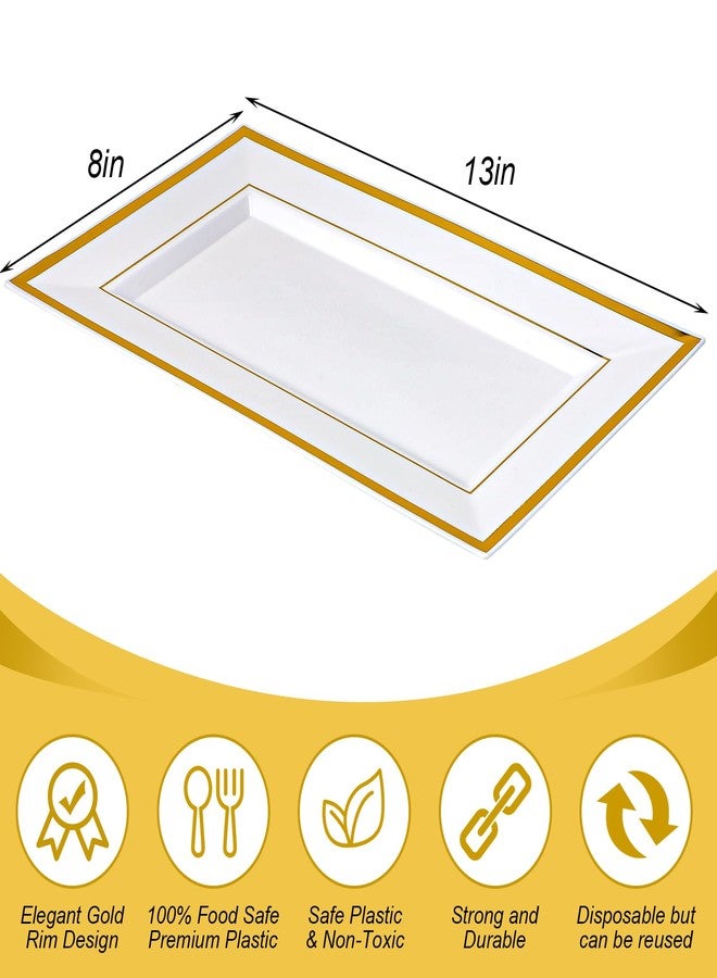 Uiifan مجموعة صواني تقديم بلاستيكية من Uiifan، 30 قطعة، لون أبيض وحواف ذهبية، مستطيلة الشكل، للاستخدام مرة واحدة، مثالية لعرض الحلويات والمأكولات في حفلات الزفاف وأعياد الميلاد، مقاس 8 × 13 بوصة. - Image 2