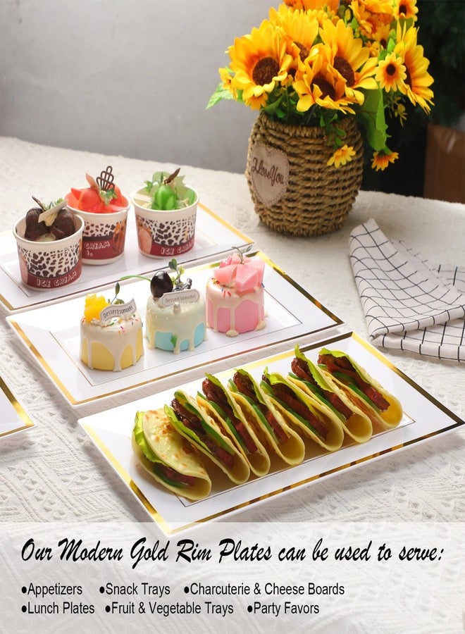 Uiifan مجموعة صواني تقديم بلاستيكية من Uiifan، 30 قطعة، لون أبيض وحواف ذهبية، مستطيلة الشكل، للاستخدام مرة واحدة، مثالية لعرض الحلويات والمأكولات في حفلات الزفاف وأعياد الميلاد، مقاس 8 × 13 بوصة. - Image 5