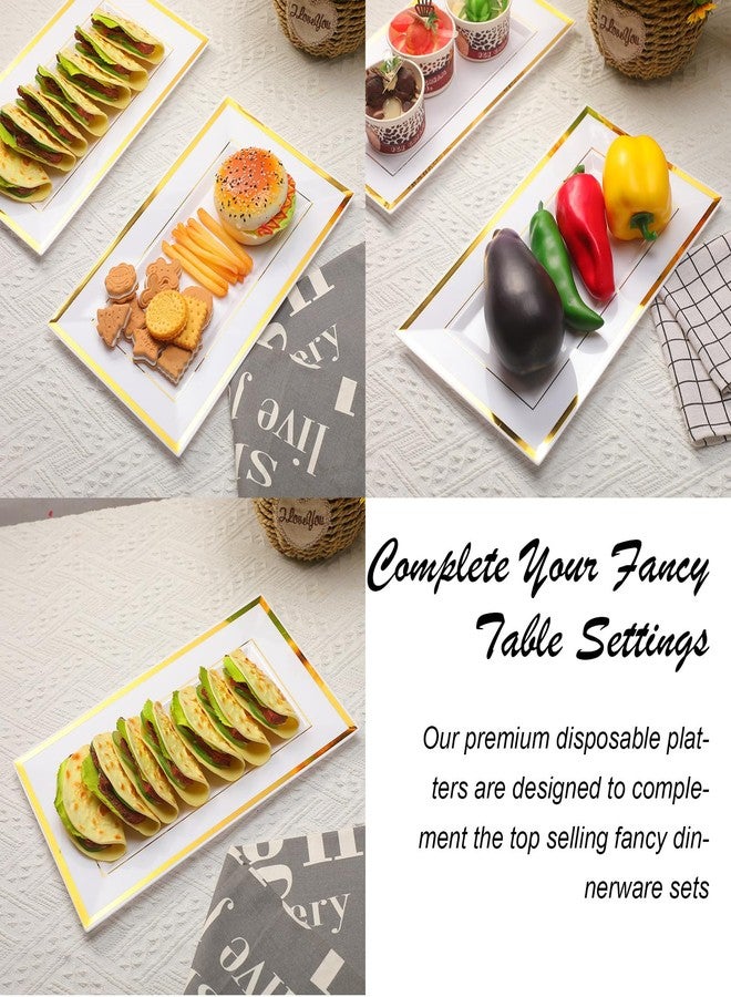 Uiifan مجموعة صواني تقديم بلاستيكية من Uiifan، 30 قطعة، لون أبيض وحواف ذهبية، مستطيلة الشكل، للاستخدام مرة واحدة، مثالية لعرض الحلويات والمأكولات في حفلات الزفاف وأعياد الميلاد، مقاس 8 × 13 بوصة. - Image 4