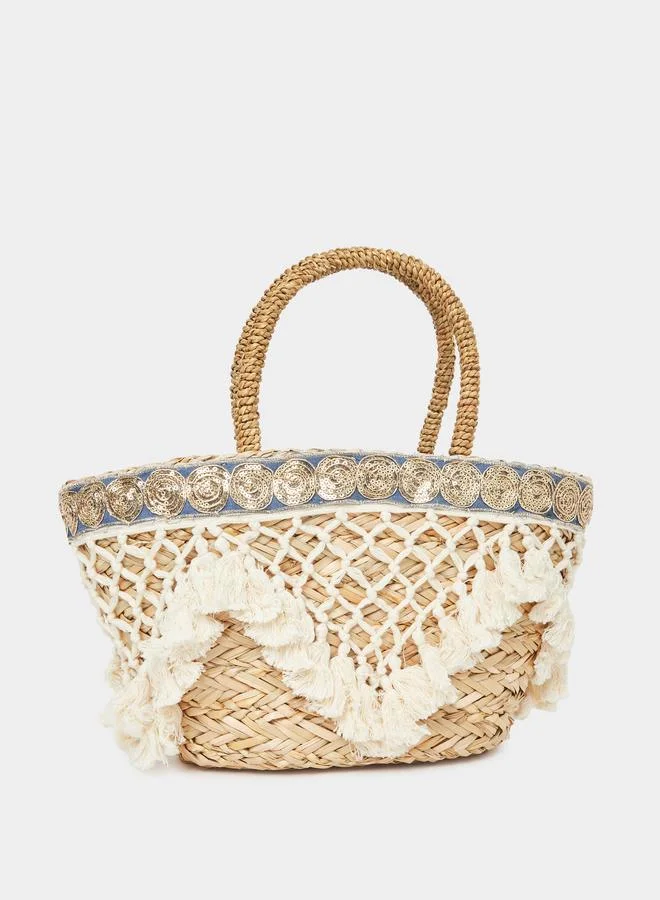 Styli Styli Embellished Raffia Beach Handbag with Pompom Trim