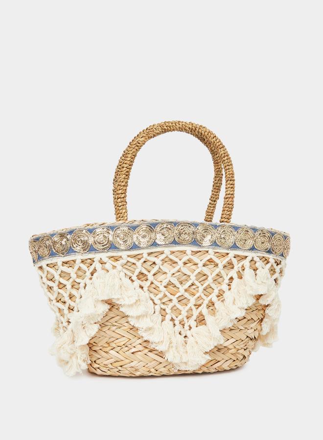 Styli Embellished Raffia Beach Handbag with Pompom Trim - Image 1