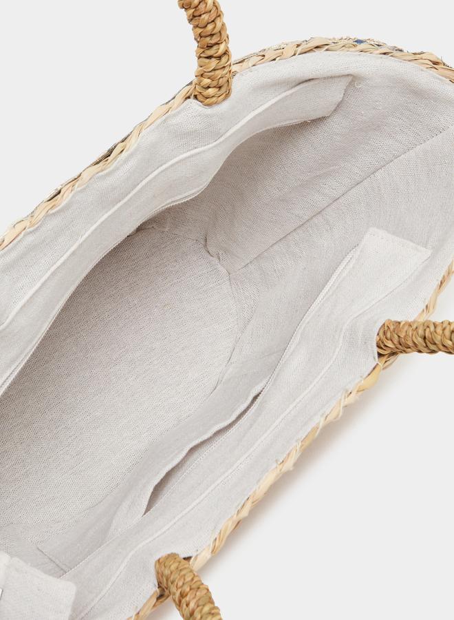 Styli Embellished Raffia Beach Handbag with Pompom Trim - Image 4