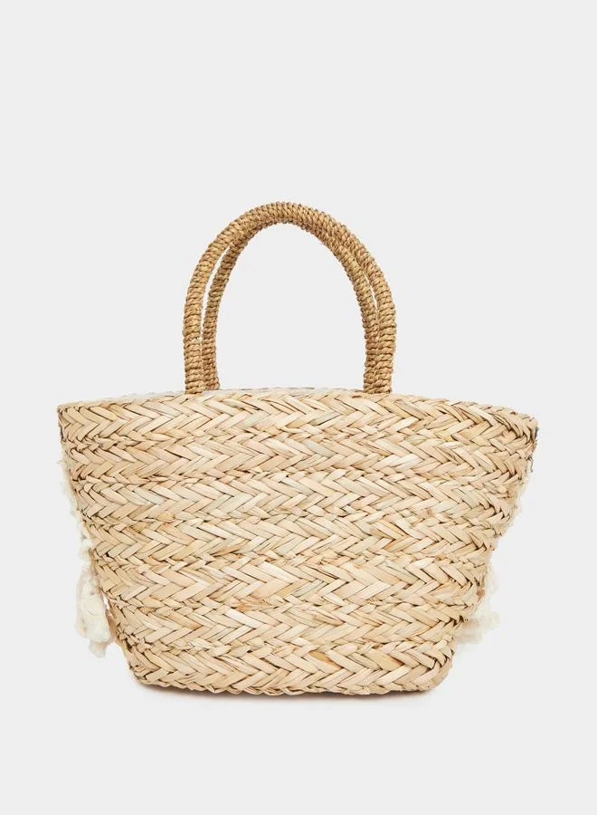 Styli Styli Embellished Raffia Beach Handbag with Pompom Trim