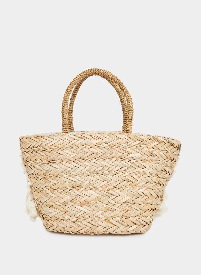 Styli Embellished Raffia Beach Handbag with Pompom Trim - Image 2