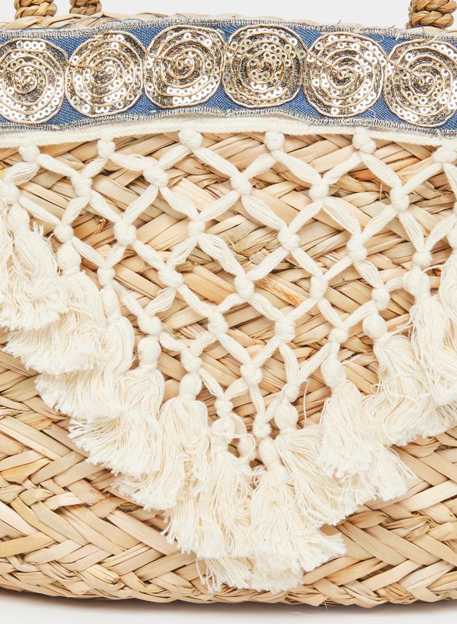 Styli Embellished Raffia Beach Handbag with Pompom Trim - Image 3