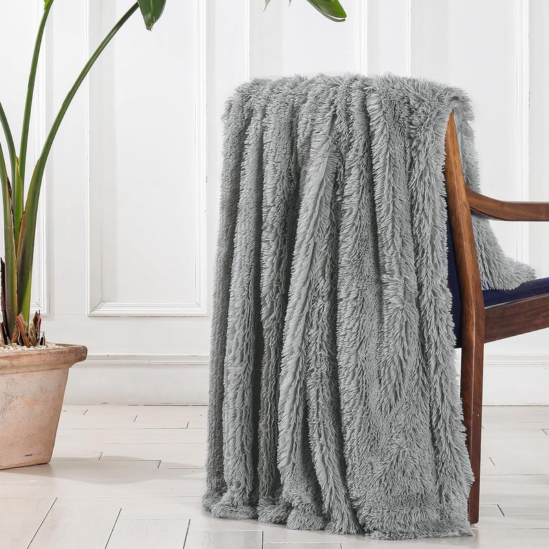 Tuddrom Decorative Extra Soft Faux Fur Throw Blanket 50" x 60",Solid Fuzzy Reversible Long Hair Shaggy Blanket,Fluffy Cozy Plush Mink Fleece Comfy Microfiber Blanket for Couch Sofa Bed,Gray Blue - Image 4