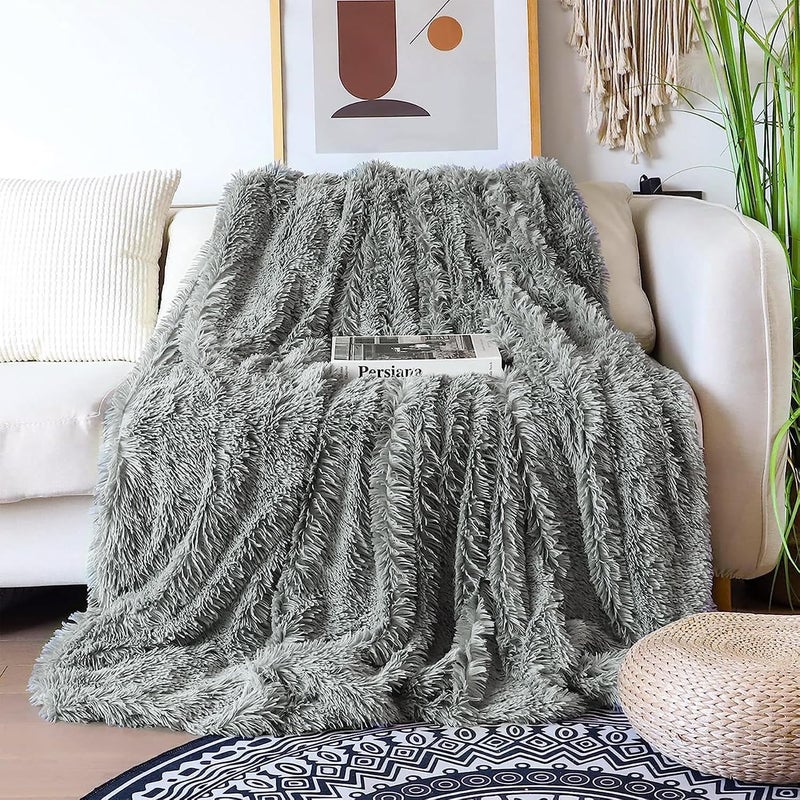 Tuddrom Decorative Extra Soft Faux Fur Throw Blanket 50" x 60",Solid Fuzzy Reversible Long Hair Shaggy Blanket,Fluffy Cozy Plush Mink Fleece Comfy Microfiber Blanket for Couch Sofa Bed,Gray Blue - Image 2