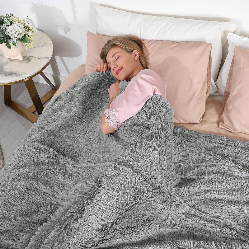 Tuddrom Decorative Extra Soft Faux Fur Throw Blanket 50" x 60",Solid Fuzzy Reversible Long Hair Shaggy Blanket,Fluffy Cozy Plush Mink Fleece Comfy Microfiber Blanket for Couch Sofa Bed,Gray Blue - Image 5