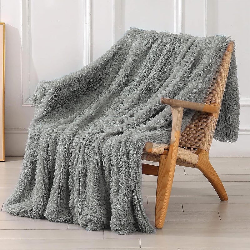 Tuddrom Decorative Extra Soft Faux Fur Throw Blanket 50" x 60",Solid Fuzzy Reversible Long Hair Shaggy Blanket,Fluffy Cozy Plush Mink Fleece Comfy Microfiber Blanket for Couch Sofa Bed,Gray Blue - Image 1