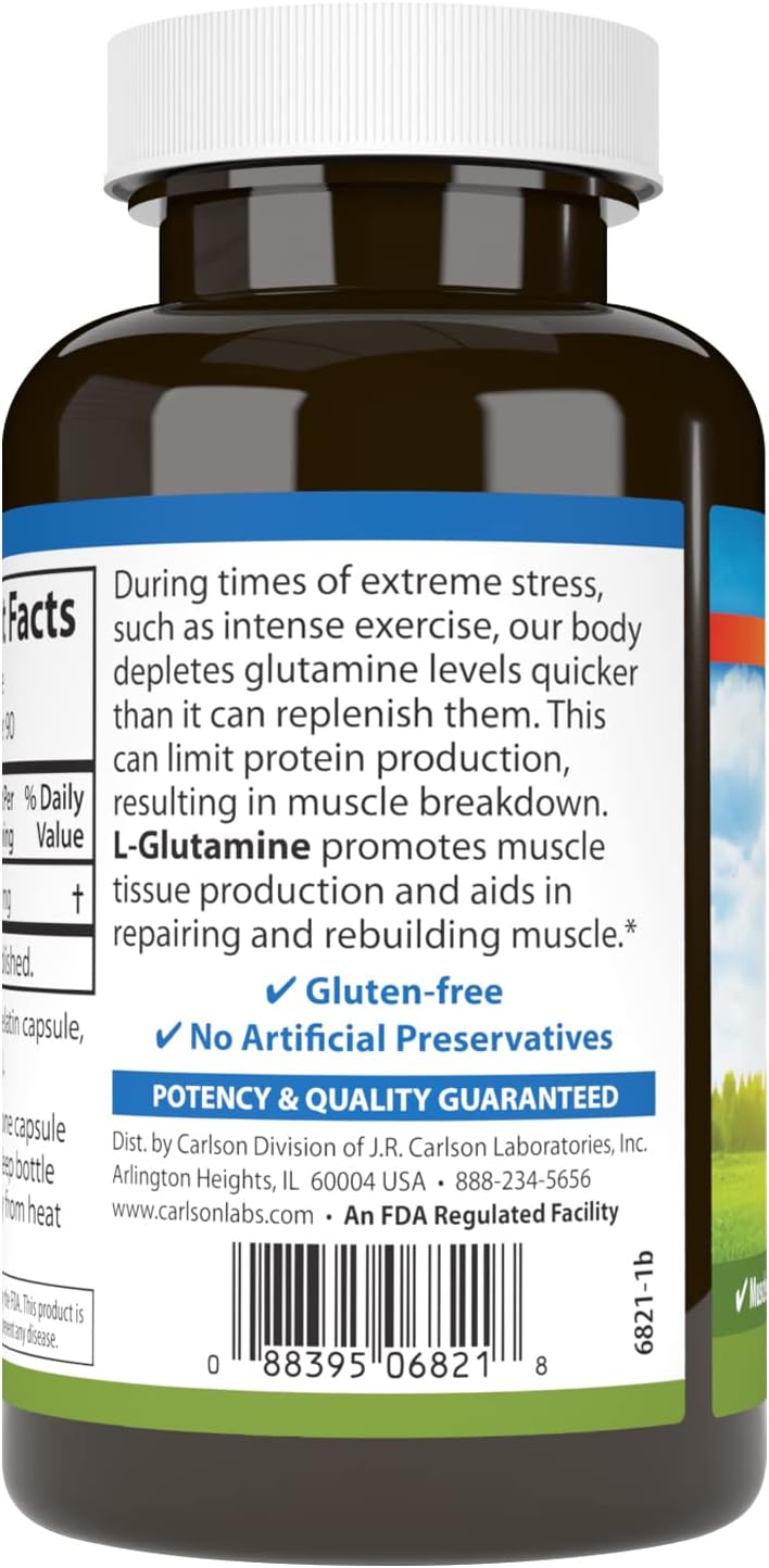 Carlson كارلسون إل-جلوتامين حمض أميني حر 750 ملغ إنتاج أنسجة العضلات 90 كبسولة - Image 3
