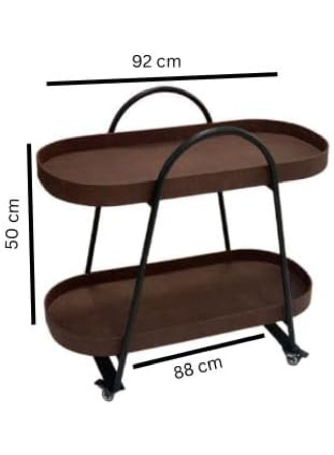 Horoof Market Luxury 2-Tier Leather Serving Cart – Rolling Bar Cart with Metal Frame, Modern Industrial Rustic Style, Brown Leather & Metal, 92L x 88W x 50H cm, 1-Month Warranty  - Image 3