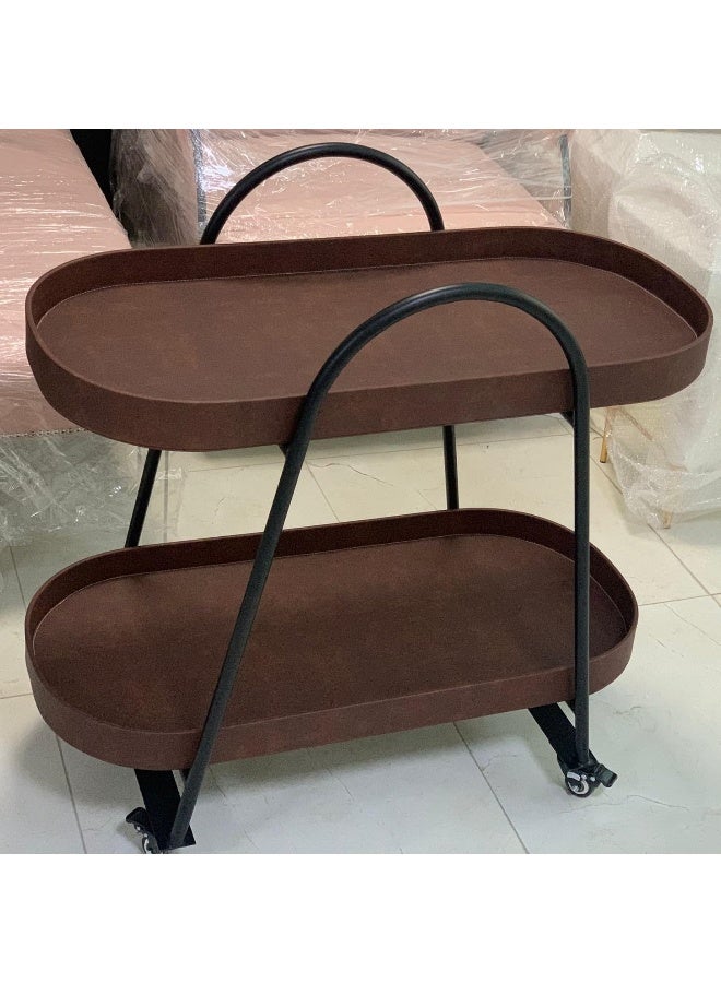 Horoof Market Luxury 2-Tier Leather Serving Cart – Rolling Bar Cart with Metal Frame, Modern Industrial Rustic Style, Brown Leather & Metal, 92L x 88W x 50H cm, 1-Month Warranty  - Image 1