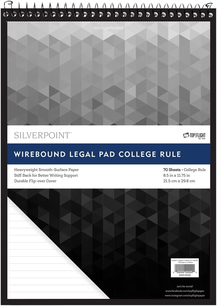 Top Flight Silverpoint Top Wire Legal Pad, College Rule, Heavy Back, 8.5 x 11.75 Inches, 70 Sheets, Protective Cover, Gray/Black (51073) - Image 1