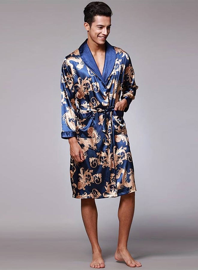 MARGOUN Bathrobe Men's XL Bath Robe Dressing Gown Comfortable Sleepwear Silk Lovers Long Special Style Sleeves Nightgown Dressing Gown Dragon Pattern Blue - Image 1