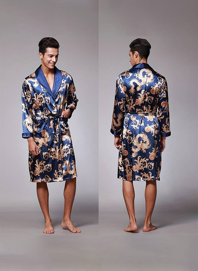 MARGOUN Bathrobe Men's XL Bath Robe Dressing Gown Comfortable Sleepwear Silk Lovers Long Special Style Sleeves Nightgown Dressing Gown Dragon Pattern Blue - Image 2