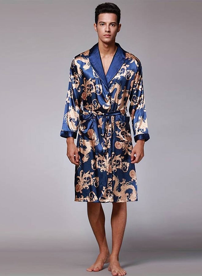 MARGOUN Bathrobe Men's XL Bath Robe Dressing Gown Comfortable Sleepwear Silk Lovers Long Special Style Sleeves Nightgown Dressing Gown Dragon Pattern Blue - Image 4