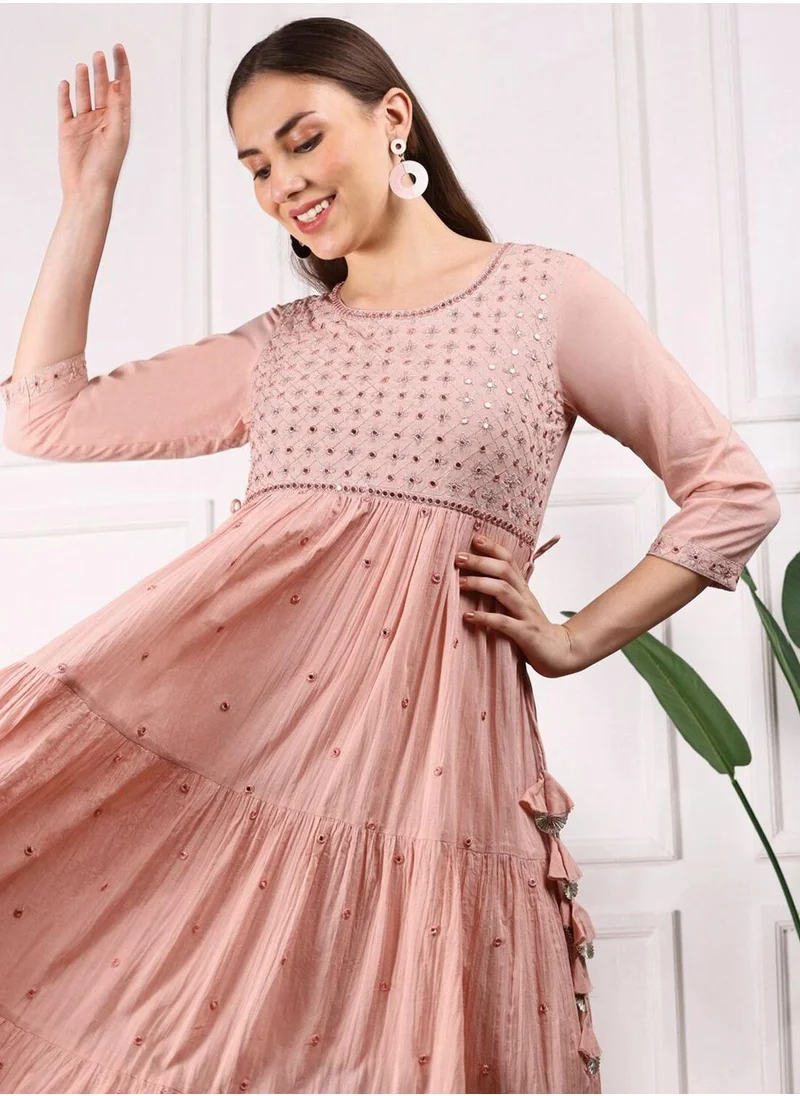 ISHIN Peach Dresses Straight Fit 3/4 Sleeve Sleeve made from Cotton featuring Self Design design and Round Neck neckline - Perfect for Ethinic!