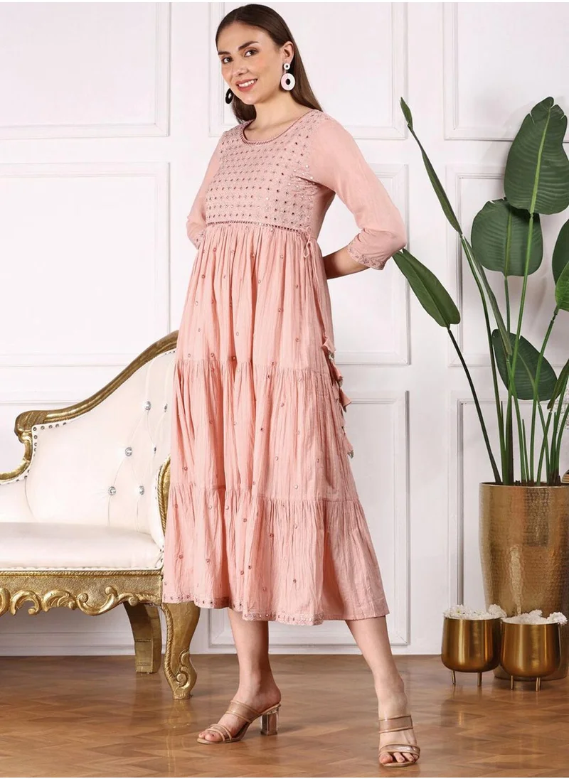 ISHIN Peach Dresses Straight Fit 3/4 Sleeve Sleeve made from Cotton featuring Self Design design and Round Neck neckline - Perfect for Ethinic!