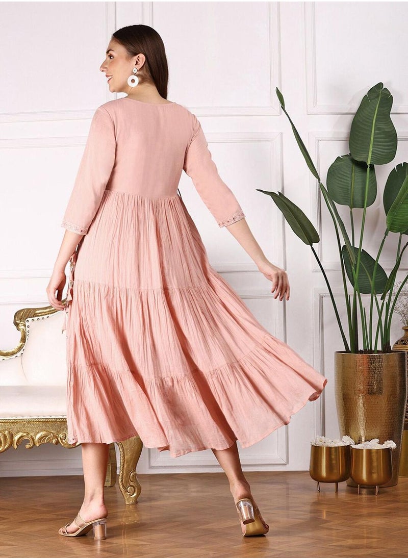 ISHIN - Peach Dresses Straight Fit 3/4 Sleeve Sleeve made from Cotton featuring Self Design design and Round Neck neckline - Perfect for Ethinic! - Image 1