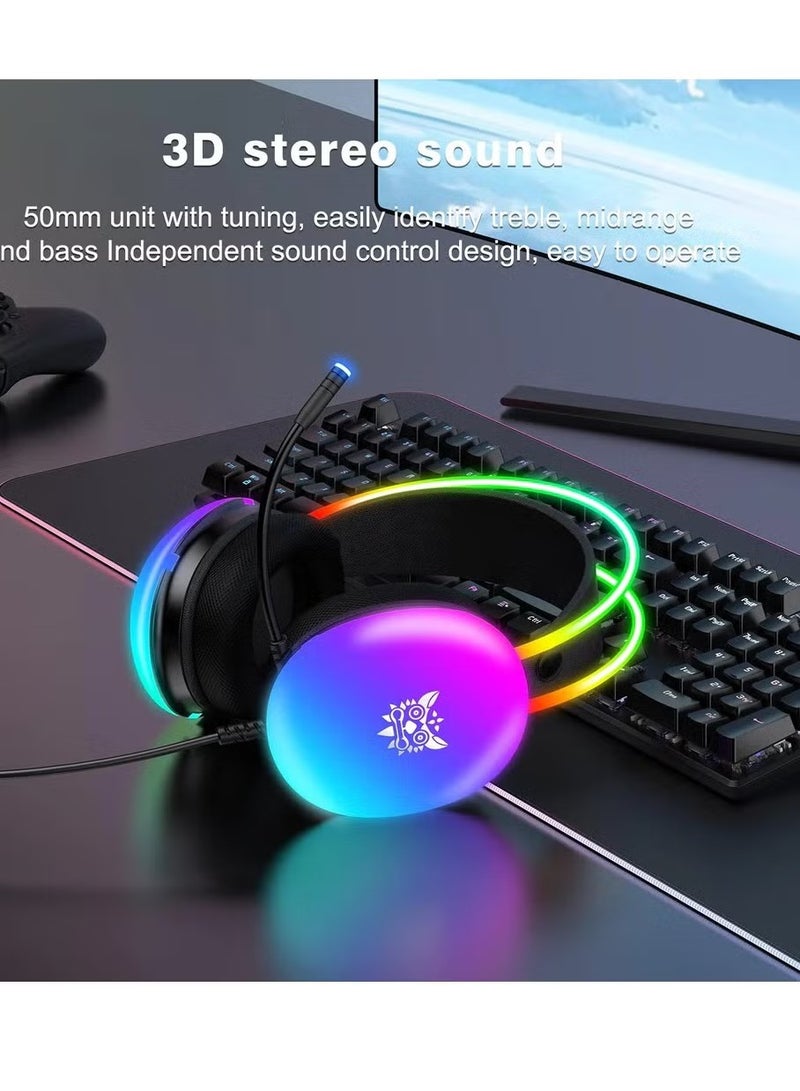 onikuma X25 RGB Gaming Headset – Immersive Stereo Sound, Noise-Cancelling Mic, RGB LED Lights – Comfortable Over-Ear Design, Adjustable Headband, Perfect for Gaming, Streaming, Video Calls – Compatible with PC, PS4, Xbox, and Mobile - Image 2