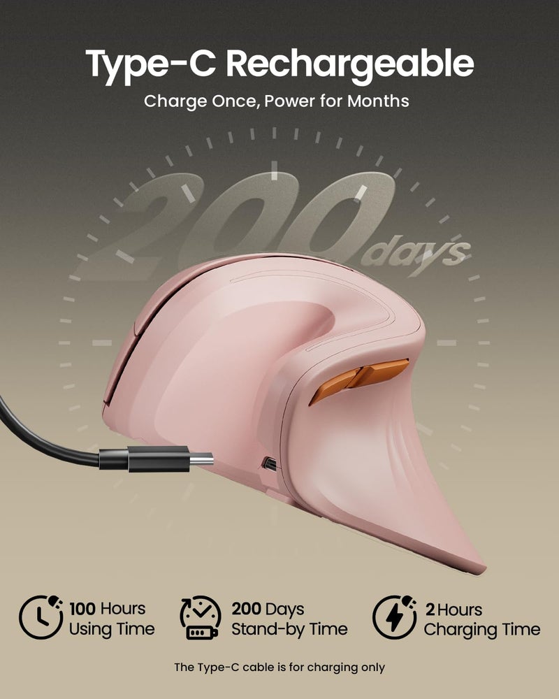 ProtoArc Ergonomic Mouse, EM11 NL Bluetooth Rechargeable Wireless Vertical Mouse, 3 Multi-Device Connectivity for Computer/PC/Laptop, 2.4GHz USB-A Optical Mice for Windows, Mac OS, Pink - Image 2