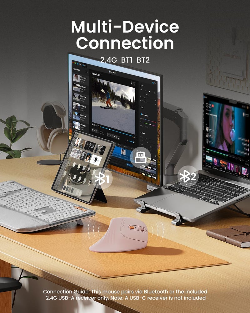 ProtoArc Ergonomic Mouse, EM11 NL Bluetooth Rechargeable Wireless Vertical Mouse, 3 Multi-Device Connectivity for Computer/PC/Laptop, 2.4GHz USB-A Optical Mice for Windows, Mac OS, Pink - Image 3