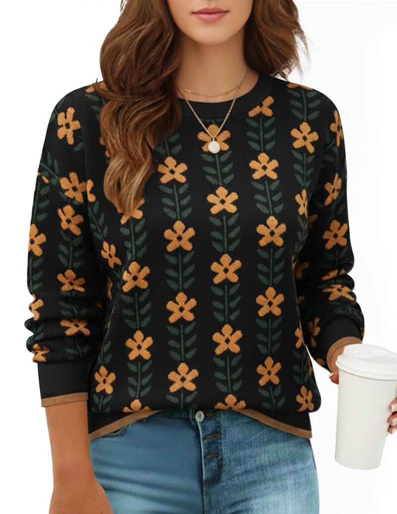 GraceSelect Black Fall Pullover Sweaters for Women Crewneck Long Sleeve Floral Print Cute Oversized Knitted Cozy Ribbed Tops - Image 1
