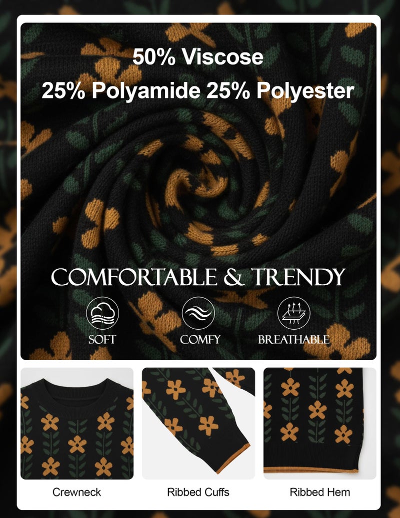 GraceSelect Black Fall Pullover Sweaters for Women Crewneck Long Sleeve Floral Print Cute Oversized Knitted Cozy Ribbed Tops - Image 5