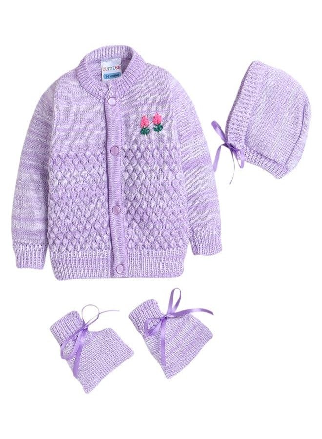 BUMZEE كنزة صوفية بأكمام طويلة للبنات الصغيرات من بامزي، لونها لافندر، مع قبعة وجوارب، مناسبة لعمر 3-6 أشهر (Peb10071C-lvd) - Image 1