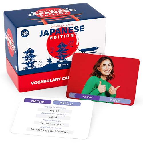 Briston Japanese Flash Cards 300 Vocabulary Words with Audio Access English Japanese Pronunciation 15 Categories 350 GSM WaterResistant Study Cards for Kids Adults Language Learning - Image 1