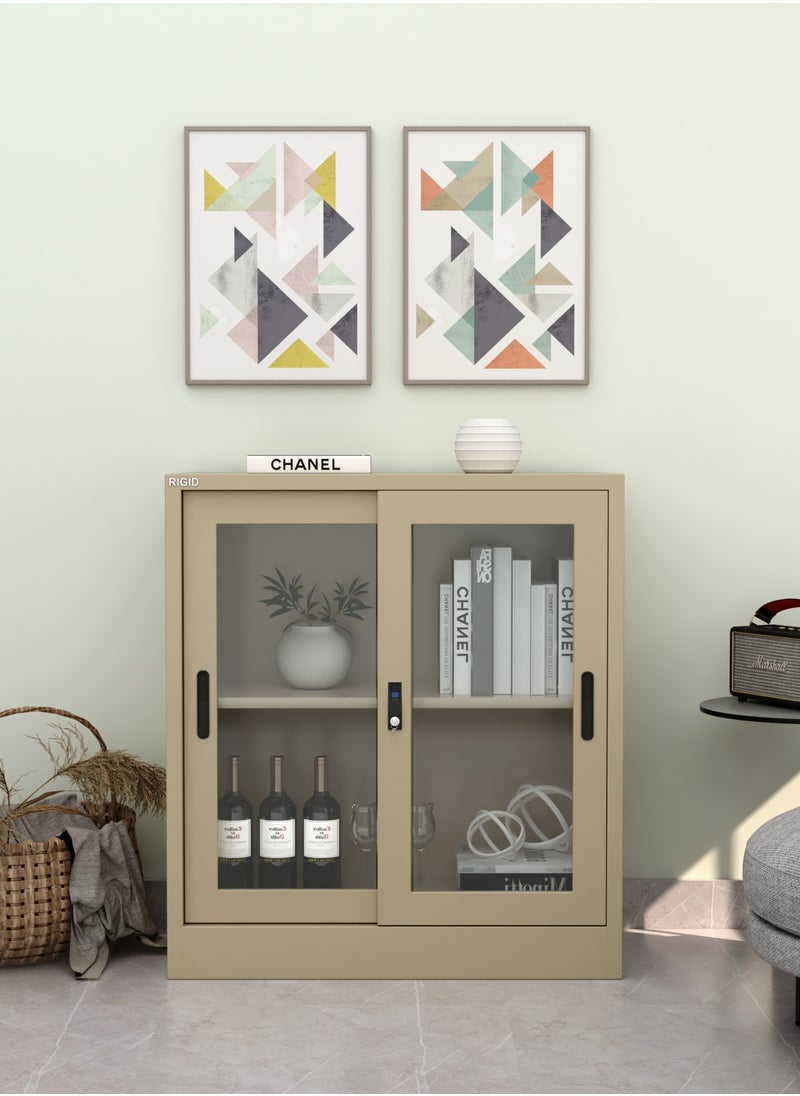 RIGID Steel Low Height Sliding Glass Door Cupboard beige 90x90x40cm  - Image 5