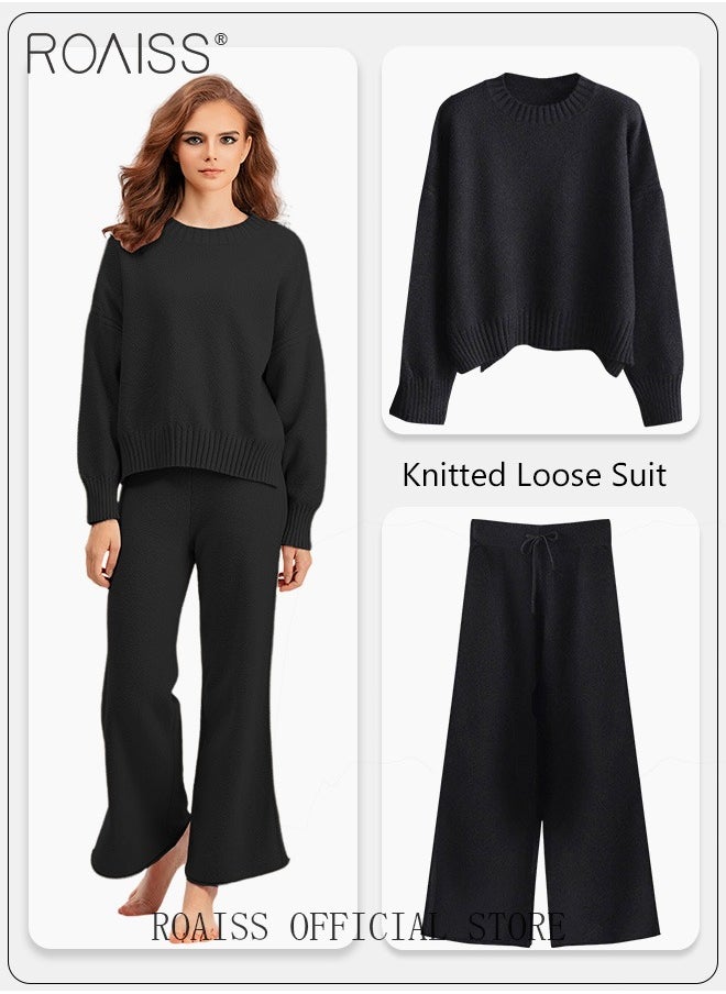 roaiss Women's Oversized Loose Suit Knitted Sweater Outfits 2 Piece Casual Set Solid Color Long Sleeve Wide Leg Pants  - Image 1