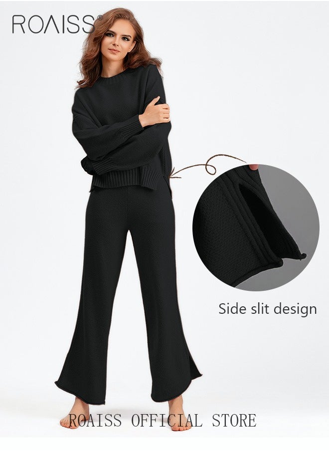 roaiss Women's Oversized Loose Suit Knitted Sweater Outfits 2 Piece Casual Set Solid Color Long Sleeve Wide Leg Pants  - Image 4