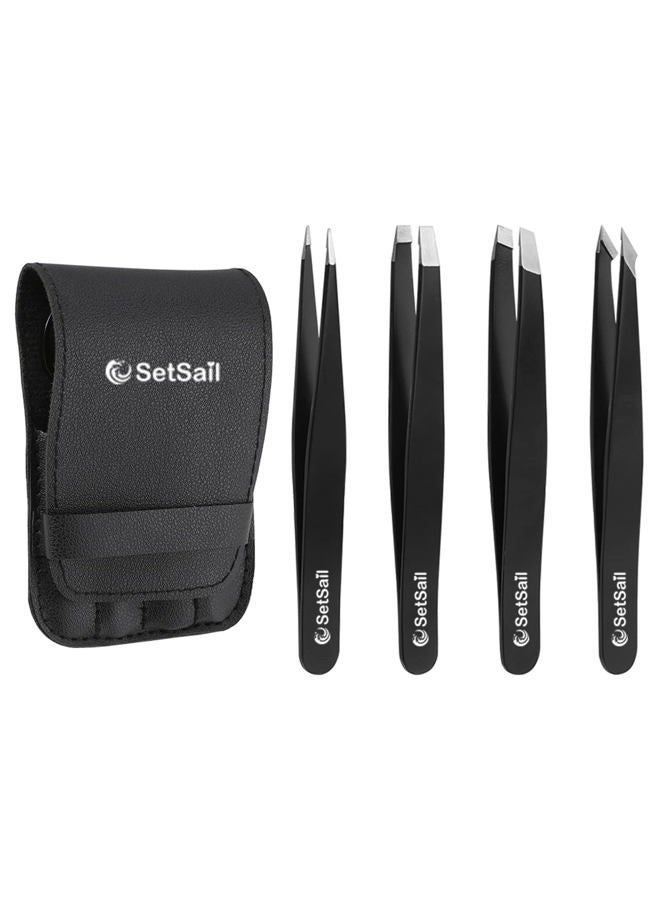 SetSail Tweezers, Eyebrow Tweezers for Women 4 In 1 Stainless Steel Tweezers Precision with Case Professional Eyelash Tweezers Set for Men Hair Removal Kit - Image 1