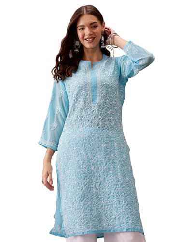 Ada Women Synthetic Regular Fit Lucknowi Hand Embroidered Chikankari Straight Kurti Kurta A95484 Blue (XS) - Image 1