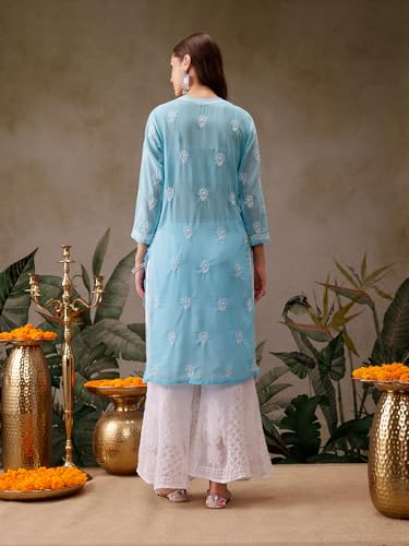 Ada Women Synthetic Regular Fit Lucknowi Hand Embroidered Chikankari Straight Kurti Kurta A95484 Blue (XS) - Image 2