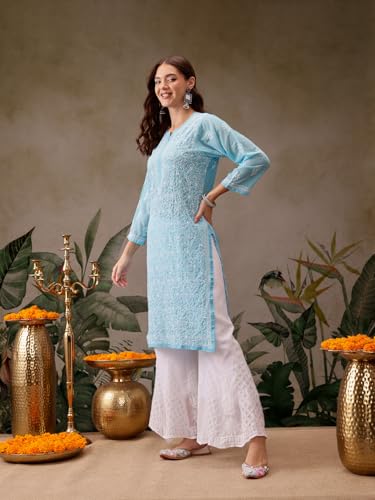 Ada Women Synthetic Regular Fit Lucknowi Hand Embroidered Chikankari Straight Kurti Kurta A95484 Blue (XS) - Image 5