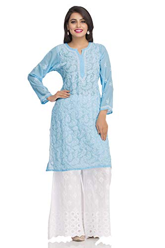 Ada Women Synthetic Regular Fit Lucknowi Hand Embroidered Chikankari Straight Kurti Kurta A95484 Blue (XS) - Image 4
