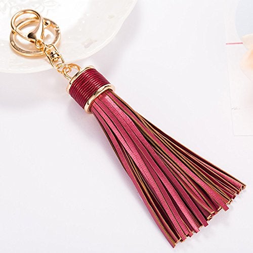 ZOONAI Women Leather Tassels Keychain Car Circle Key Rings Gift Bag Hanging Buckle (Golden) - Image 2