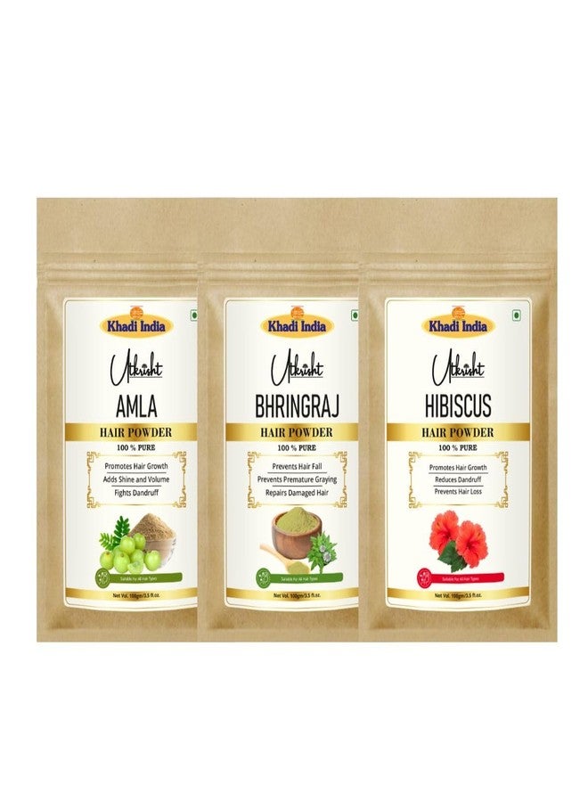 Utkrisht Khadi Amla, Bhringraj and Hibiscus Hair Growth Powder Combo | 100% Natural Ayurvedic Hair Care | Strengthening & Deep Nourishment - Image 1
