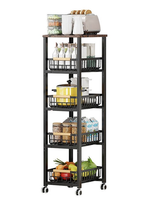 5 Tier Metal Storage Shelving Unit with Wheels, Kitchen Rolling Utility Cart with Drawers, Multifunction Fruit Vegetable Basket Storage Organizer for Kitchen, Bathroom, Living Room (Black)
