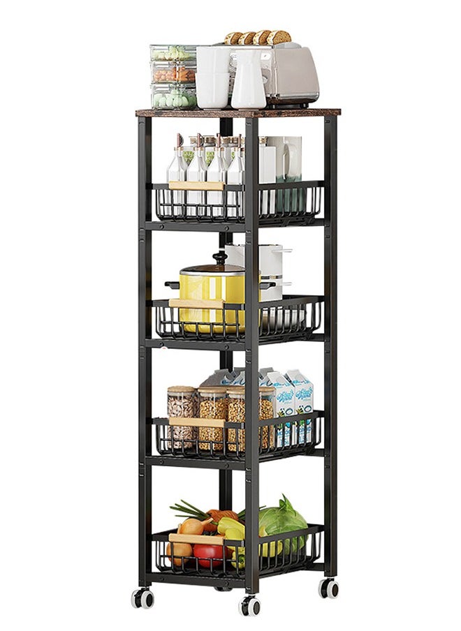 5 Tier Metal Storage Shelving Unit with Wheels, Kitchen Rolling Utility Cart with Drawers, Multifunction Fruit Vegetable Basket Storage Organizer for Kitchen, Bathroom, Living Room (Black)