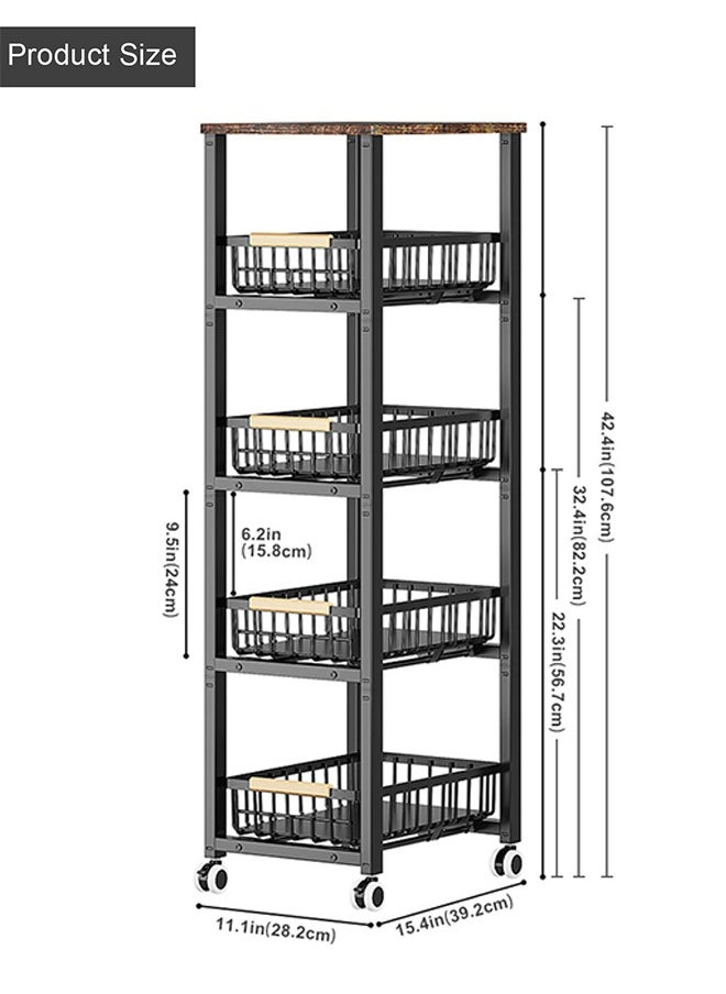 5 Tier Metal Storage Shelving Unit with Wheels, Kitchen Rolling Utility Cart with Drawers, Multifunction Fruit Vegetable Basket Storage Organizer for Kitchen, Bathroom, Living Room (Black)