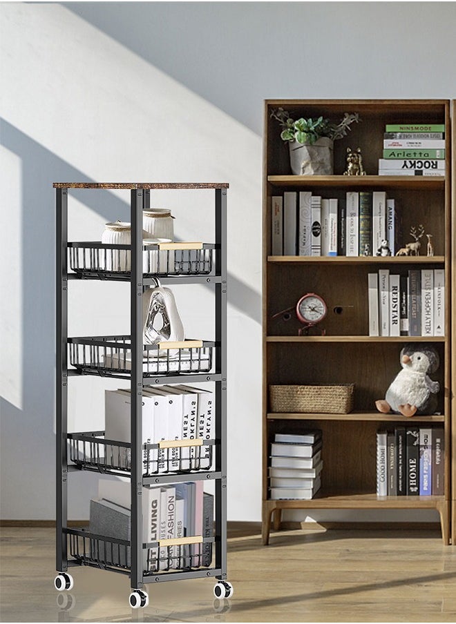 5 Tier Metal Storage Shelving Unit with Wheels, Kitchen Rolling Utility Cart with Drawers, Multifunction Fruit Vegetable Basket Storage Organizer for Kitchen, Bathroom, Living Room (Black)