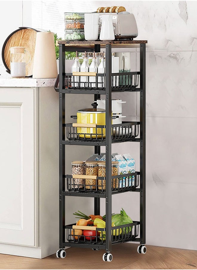 5 Tier Metal Storage Shelving Unit with Wheels, Kitchen Rolling Utility Cart with Drawers, Multifunction Fruit Vegetable Basket Storage Organizer for Kitchen, Bathroom, Living Room (Black)
