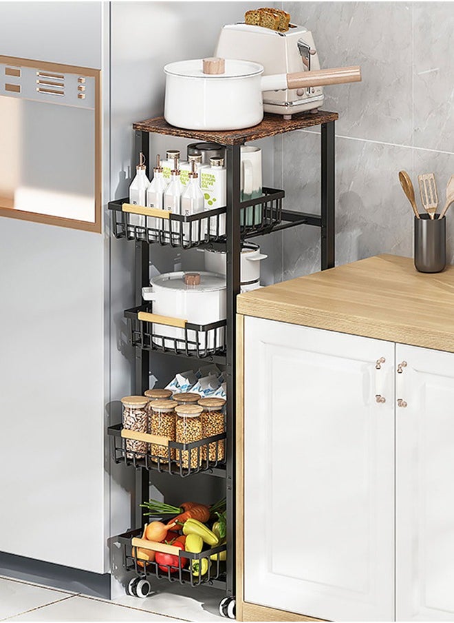 5 Tier Metal Storage Shelving Unit with Wheels, Kitchen Rolling Utility Cart with Drawers, Multifunction Fruit Vegetable Basket Storage Organizer for Kitchen, Bathroom, Living Room (Black)
