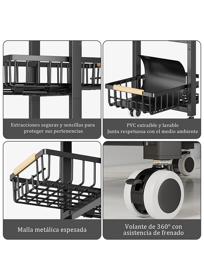 5 Tier Metal Storage Shelving Unit with Wheels, Kitchen Rolling Utility Cart with Drawers, Multifunction Fruit Vegetable Basket Storage Organizer for Kitchen, Bathroom, Living Room (Black)