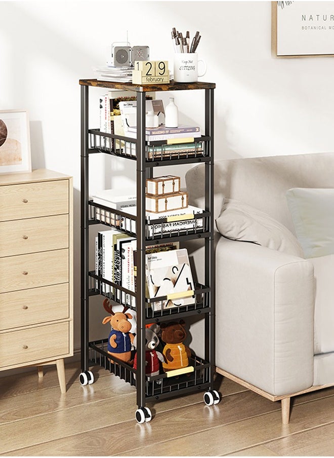 5 Tier Metal Storage Shelving Unit with Wheels, Kitchen Rolling Utility Cart with Drawers, Multifunction Fruit Vegetable Basket Storage Organizer for Kitchen, Bathroom, Living Room (Black)