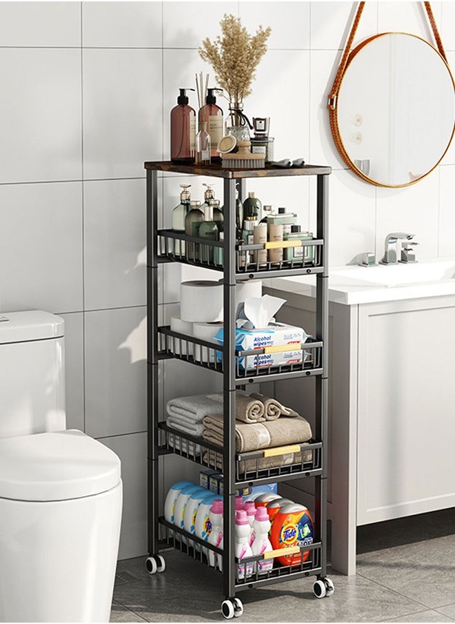 5 Tier Metal Storage Shelving Unit with Wheels, Kitchen Rolling Utility Cart with Drawers, Multifunction Fruit Vegetable Basket Storage Organizer for Kitchen, Bathroom, Living Room (Black)